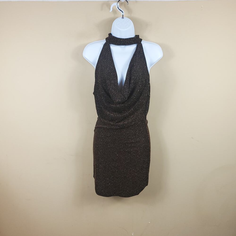 Monaco Gold Metallic Thread Plunge Neck Mini Dress Size L